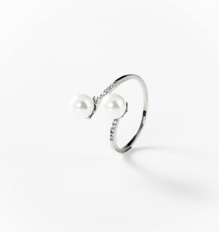 Bague double perle en métal rhodié - Cod.: BIGAS047