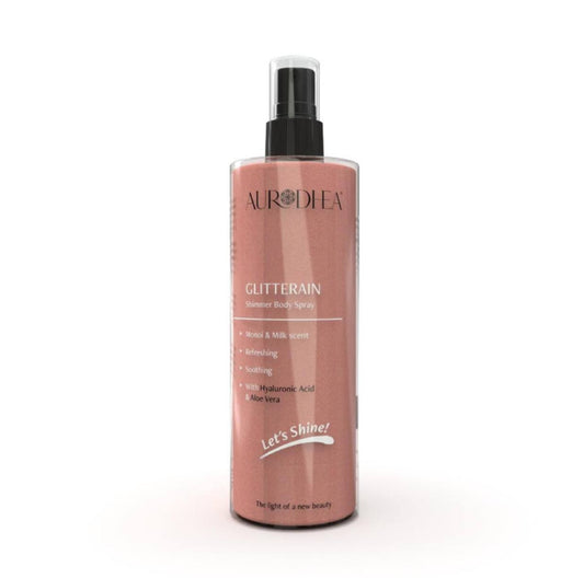 GLITTERAIN - GOLDEN SHIMMER BODY SPRAY (PARFUM DE MONOÏ ET DE LAIT) - 150 ML Enrichi en Acide hyaluronique et en Aloe vera I COD.: SOL21