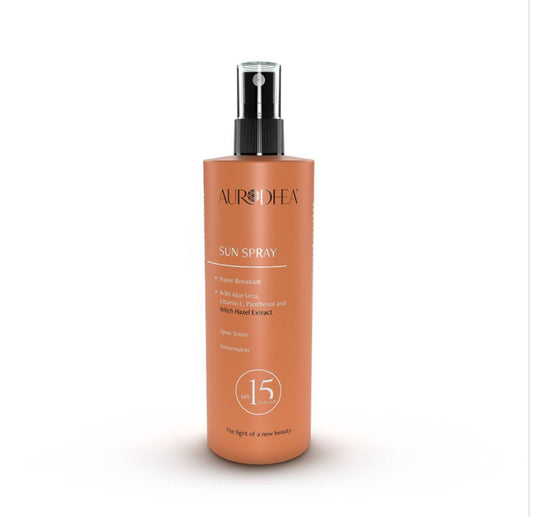 SPRAY SOLAIRE SPF15 - 150 ML Enrichi en Hamamélis, Aloe vera, Panthénol et Vitamine E I COD.: SOL03B
